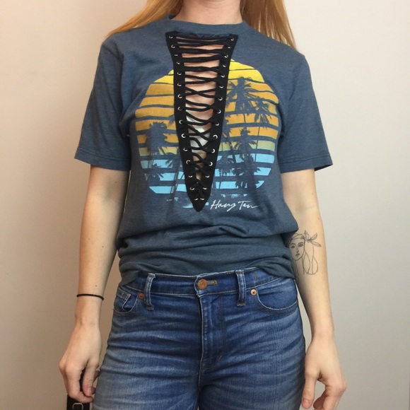 LF Tops - Furst of a Kind Blue Corset Top Palm Tree T-Shirt